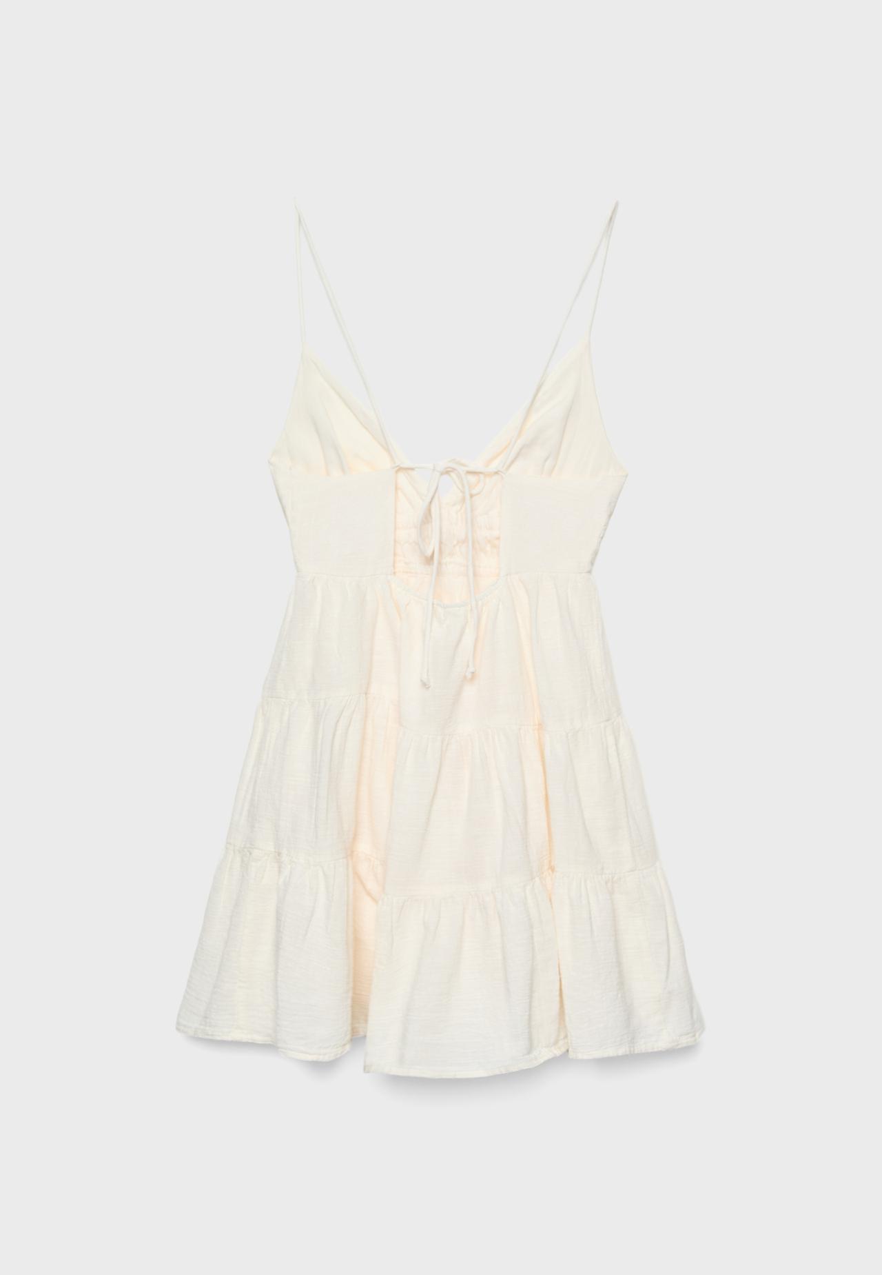 Flowing mini dress with back tie — Ecru