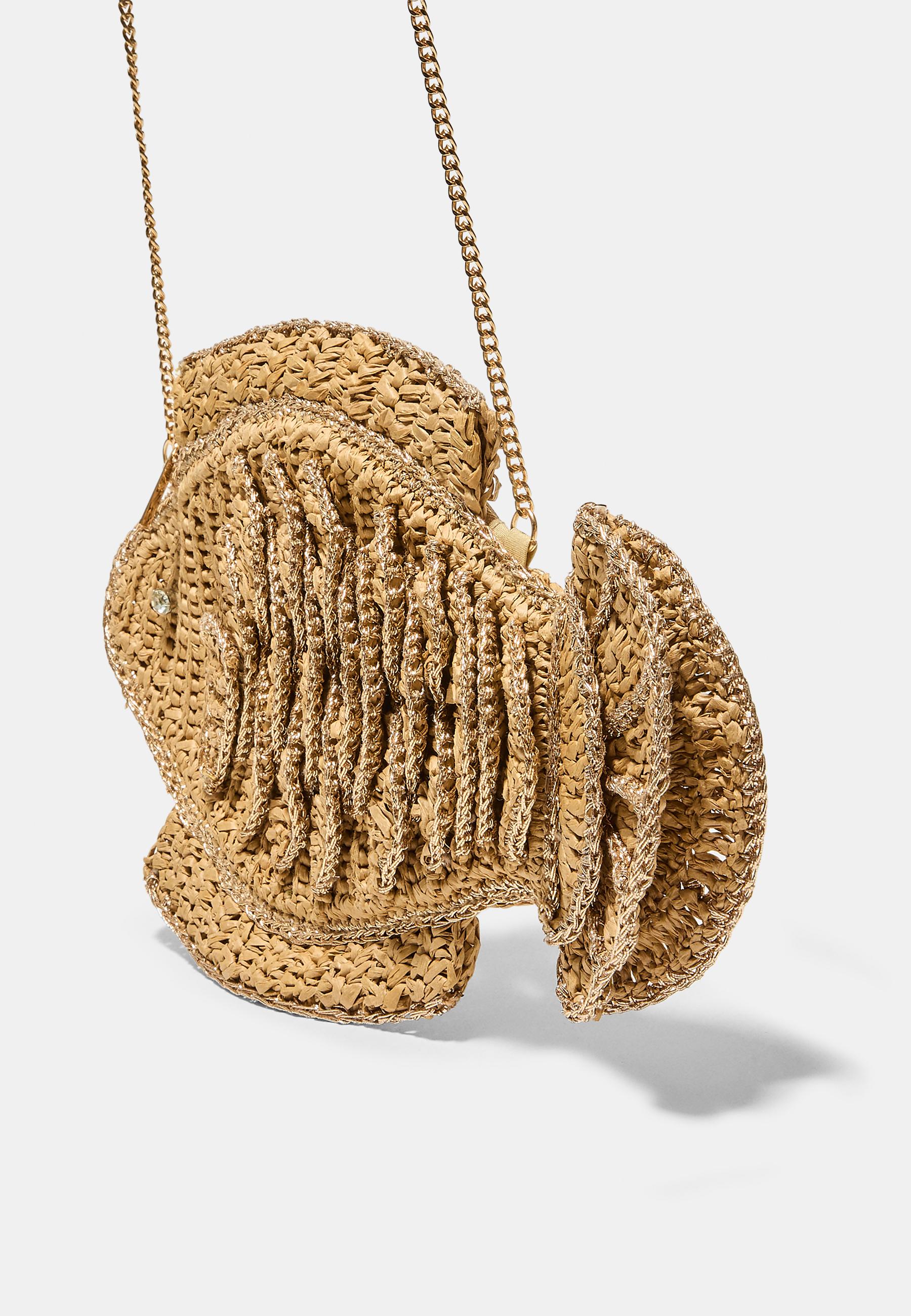 Fish-shaped raffia crossbody bag — Ecru