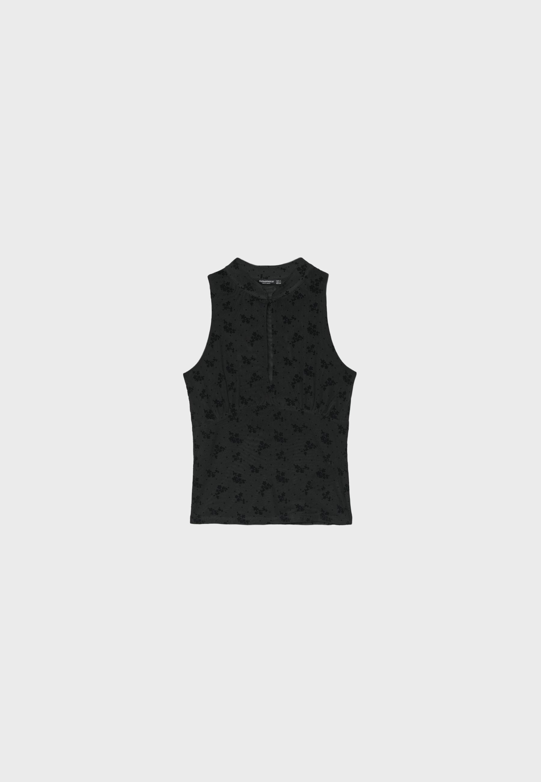 Sleeveless stand collar top with split — Black