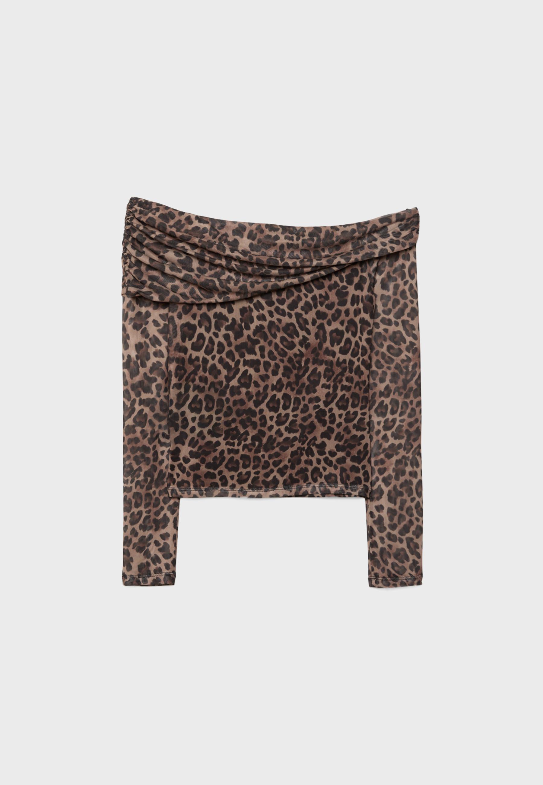 Printed asymmetric tulle T-shirt — Mid beige