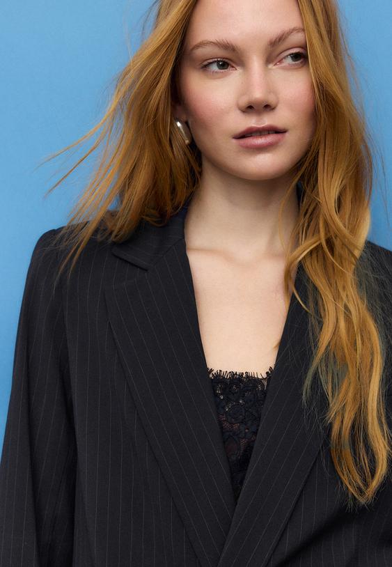 Stradivarius Striped Open Blazer Navy Blue L