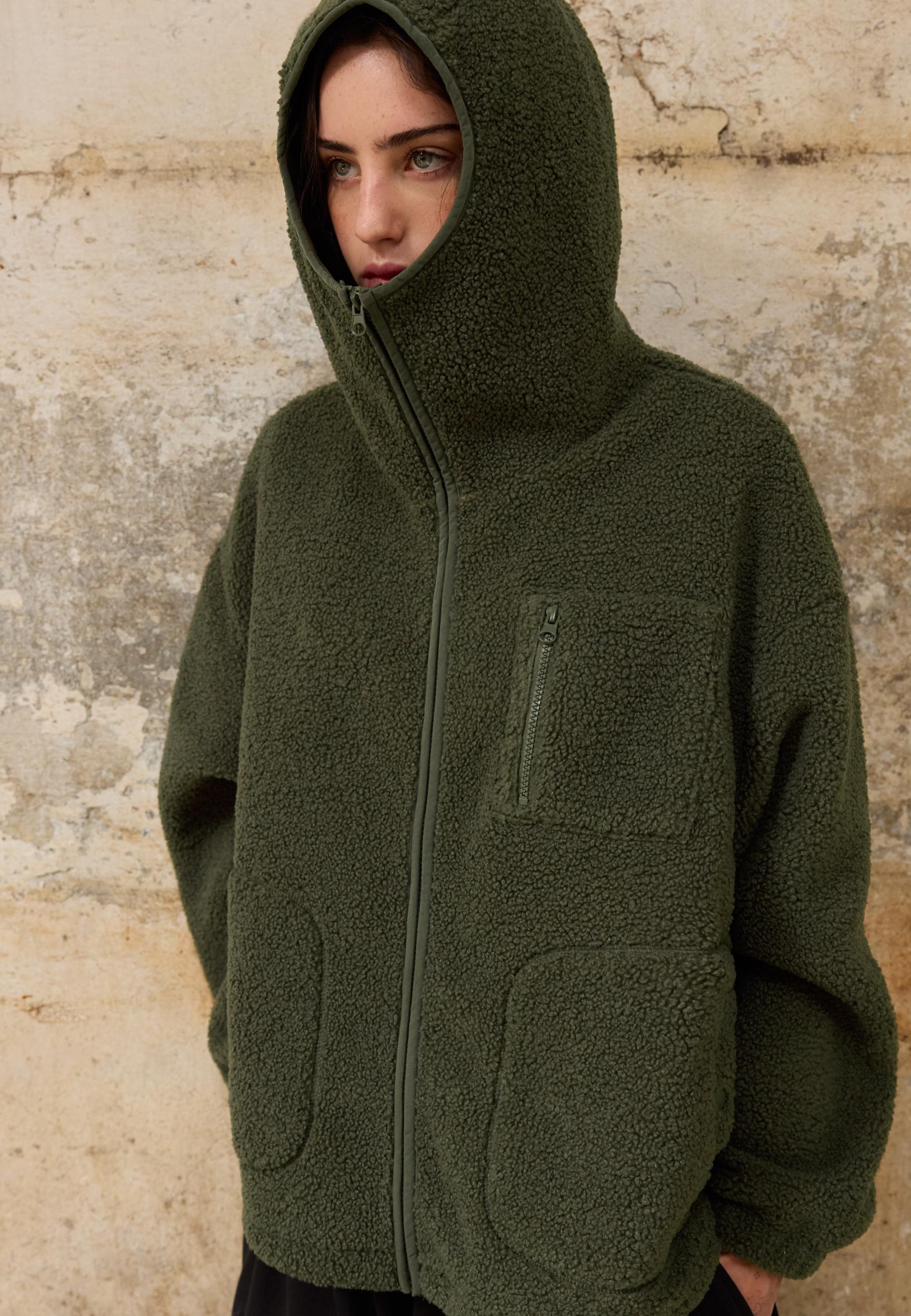 Faux shearling coat with toggles — Khaki