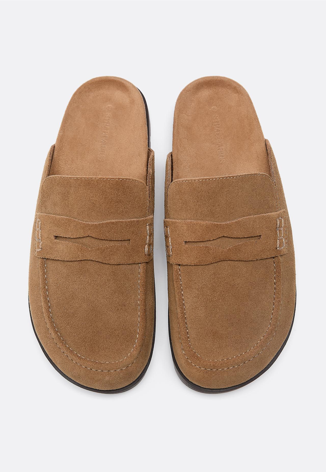 Leather moccasin backless clogs — BEIGE