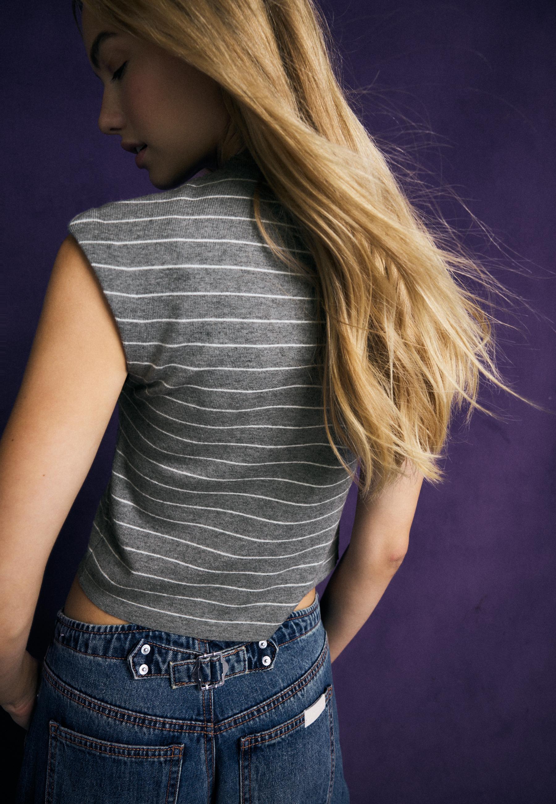 Stand collar knit top — Dark grey