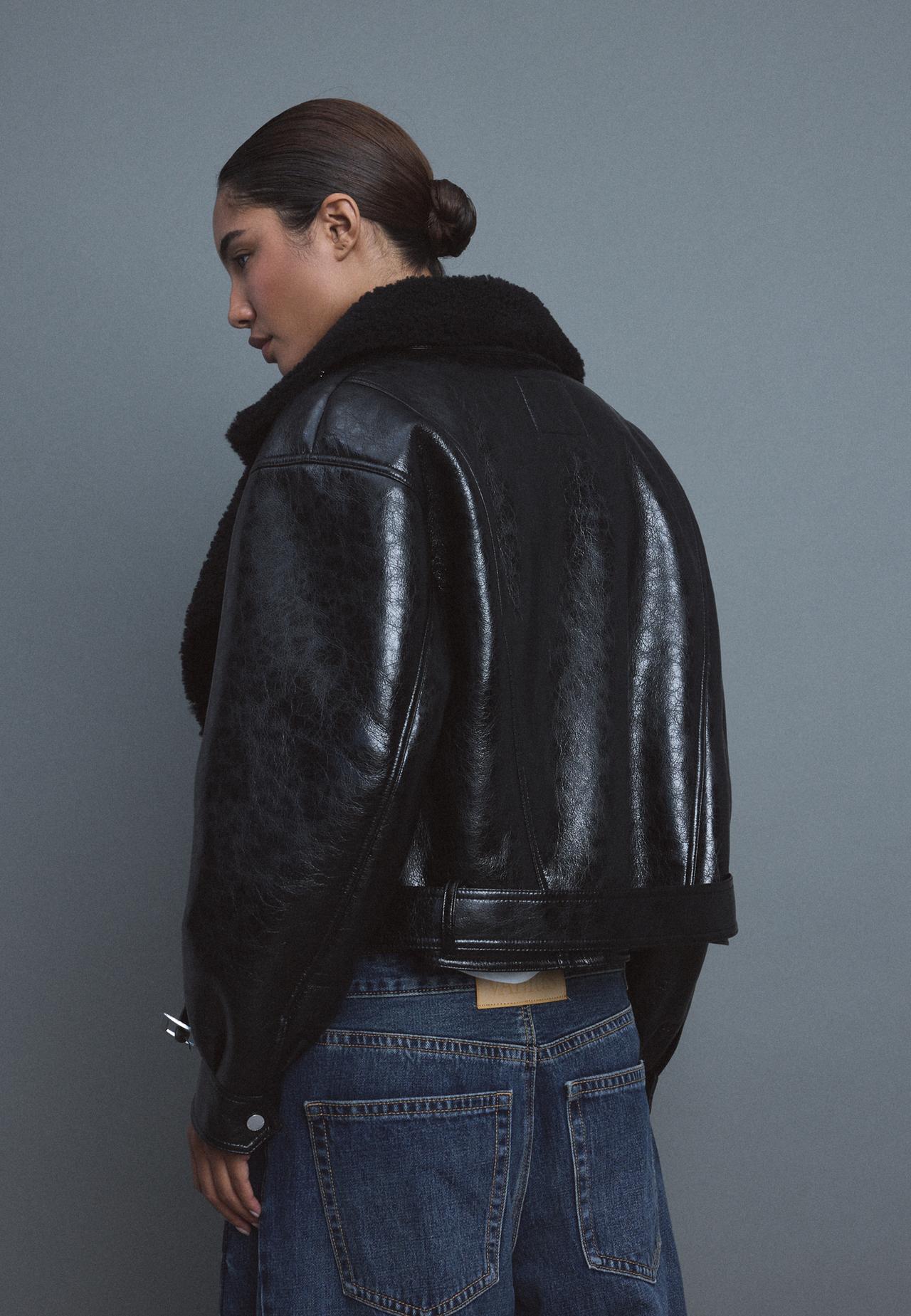 High neck double-faced biker jacket — Black