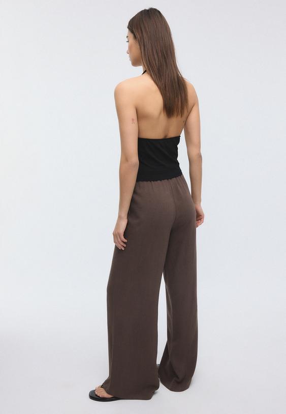 Stradivarius Flowing Linen-Effect Trousers Brown Xs