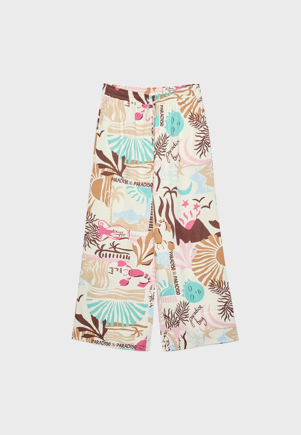 Flowing printed linen blend culottes
