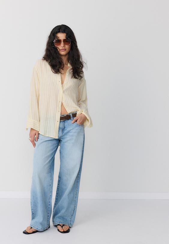 Stradivarius Basic Double Fabric Shirt Gold Xs