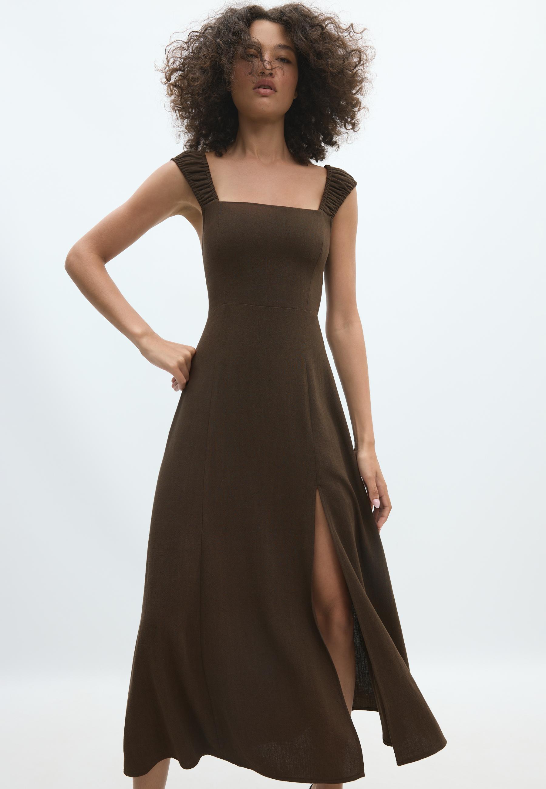 Midi dress with tie-back — Brown