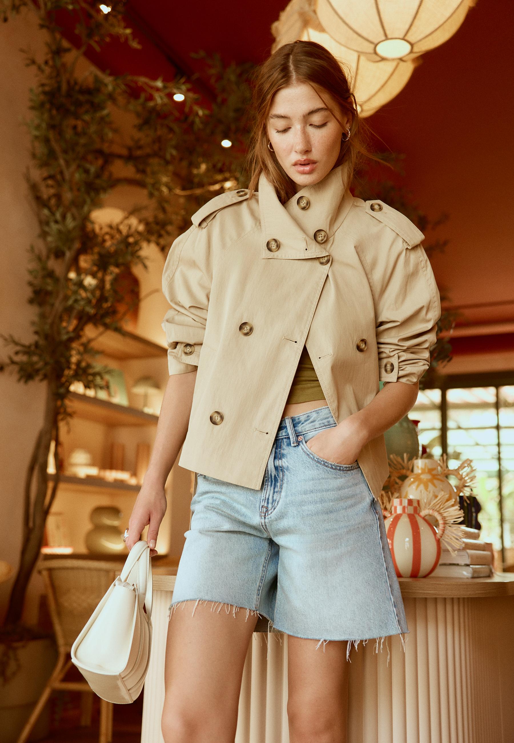 High-neck trench coat with belt — Beige