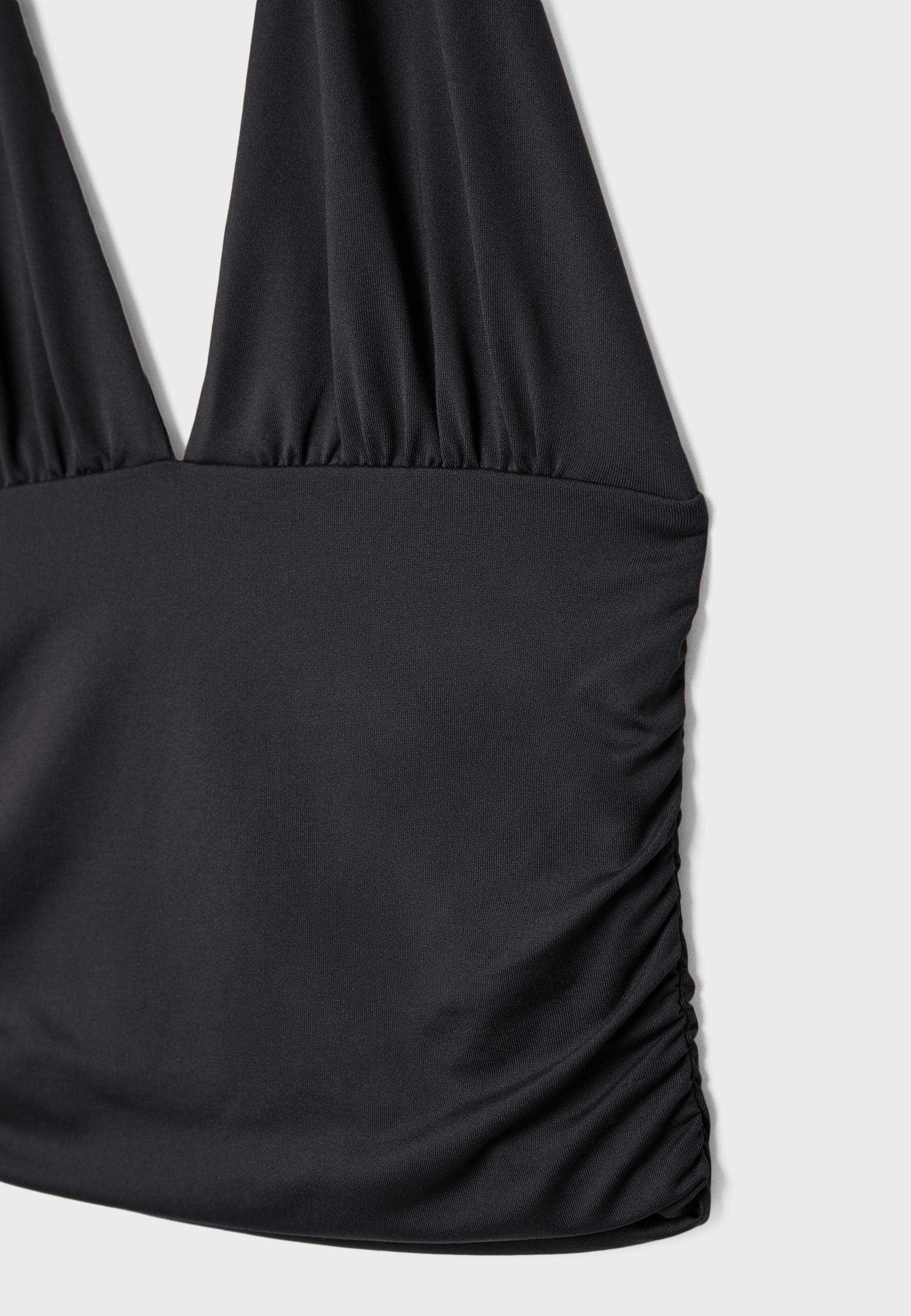 Ruched halter top with neck tie — Black