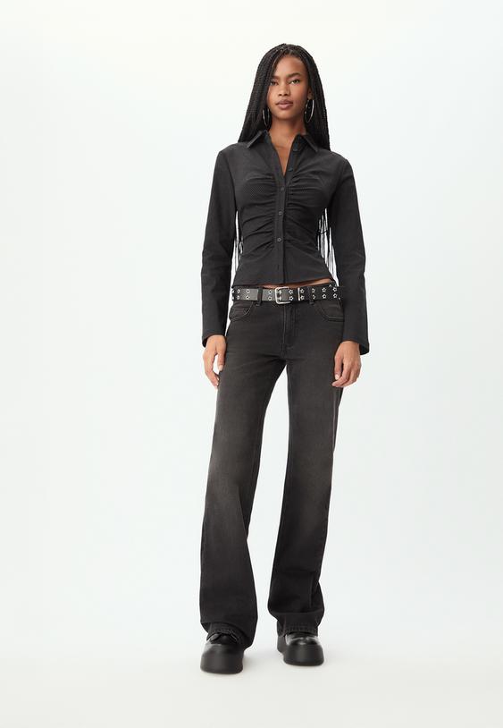 Stradivarius Striped Gathered Shirt Black Xs