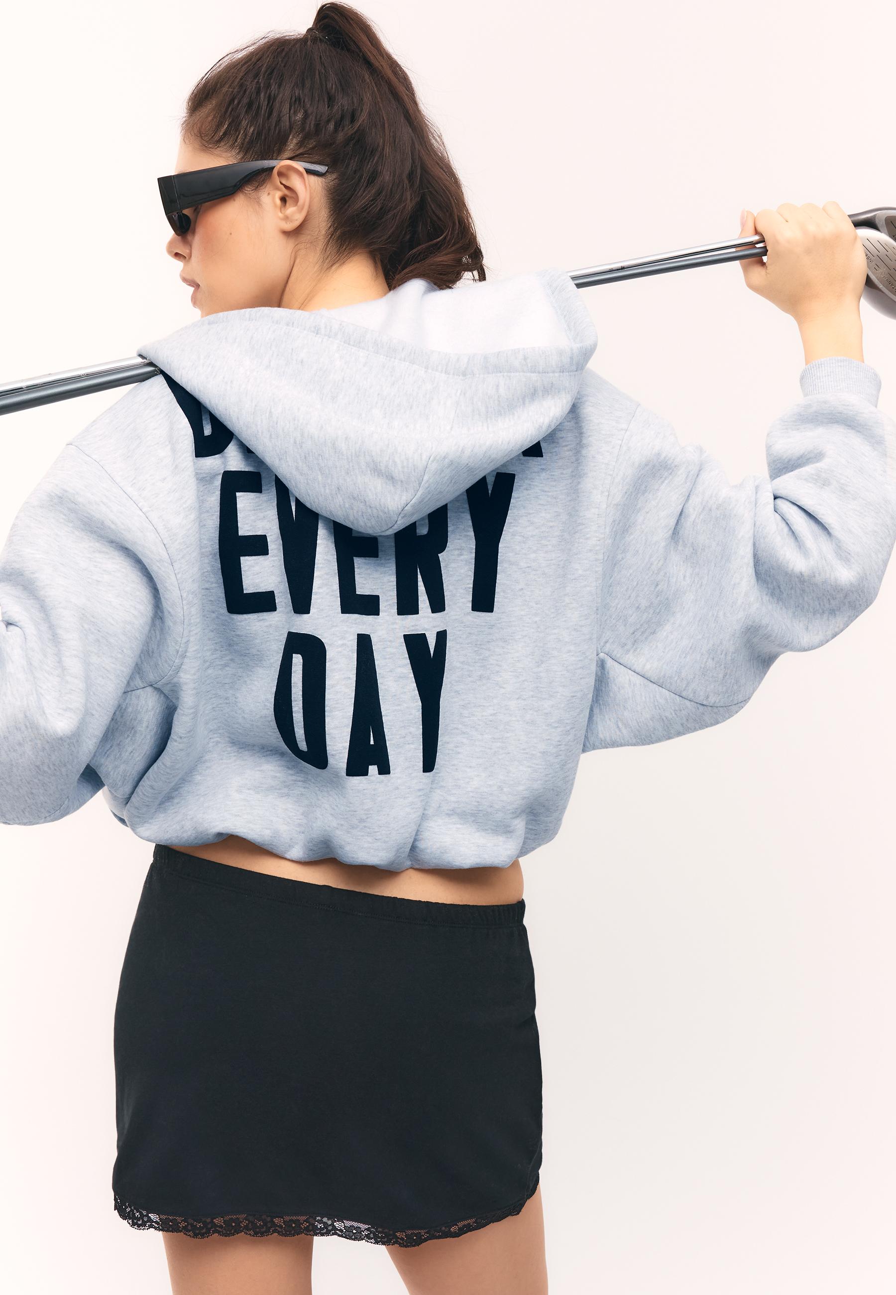 Printed Hooded Bomber Sweatshirt — Grey melange