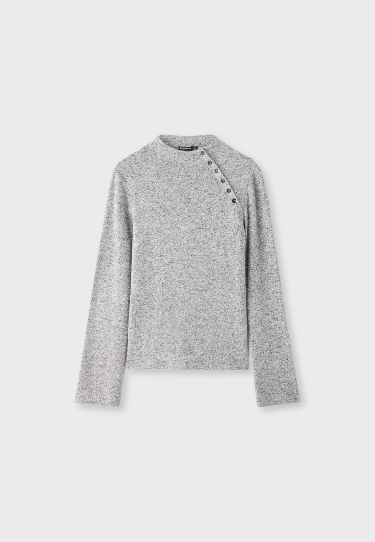 Funnel neck button sweater — Grey melange