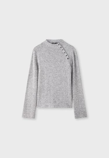 Funnel neck button sweater — Grey melange 7