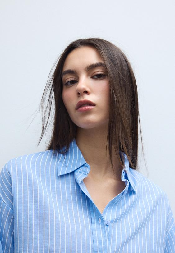 Stradivarius Linen-Effect Shirt Sky Blue M