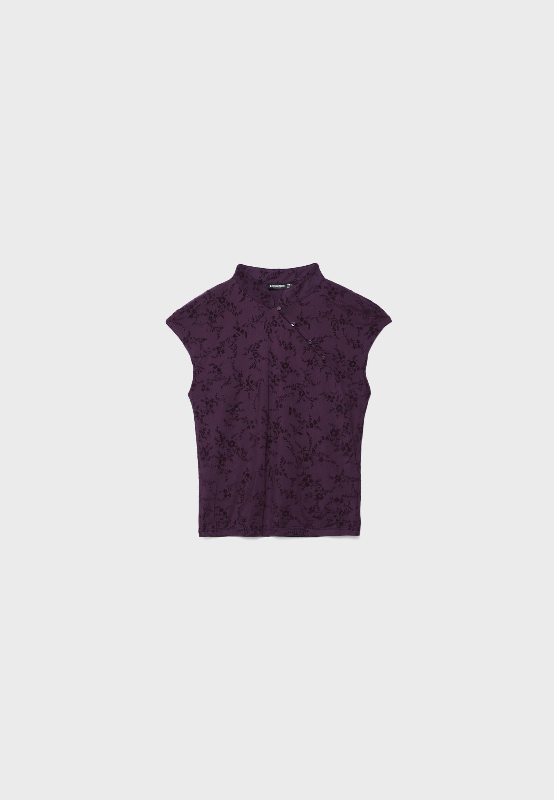 Flocked stand collar T-shirt — Purple