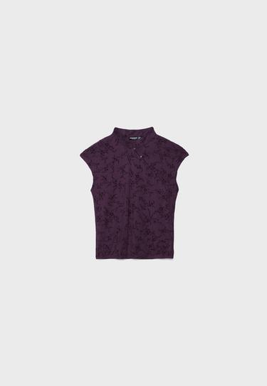Flocked stand collar T-shirt — Purple 7