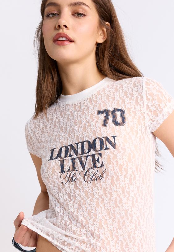 Stradivarius Fitted Lace Top With Graphic Detail Ecru Xs