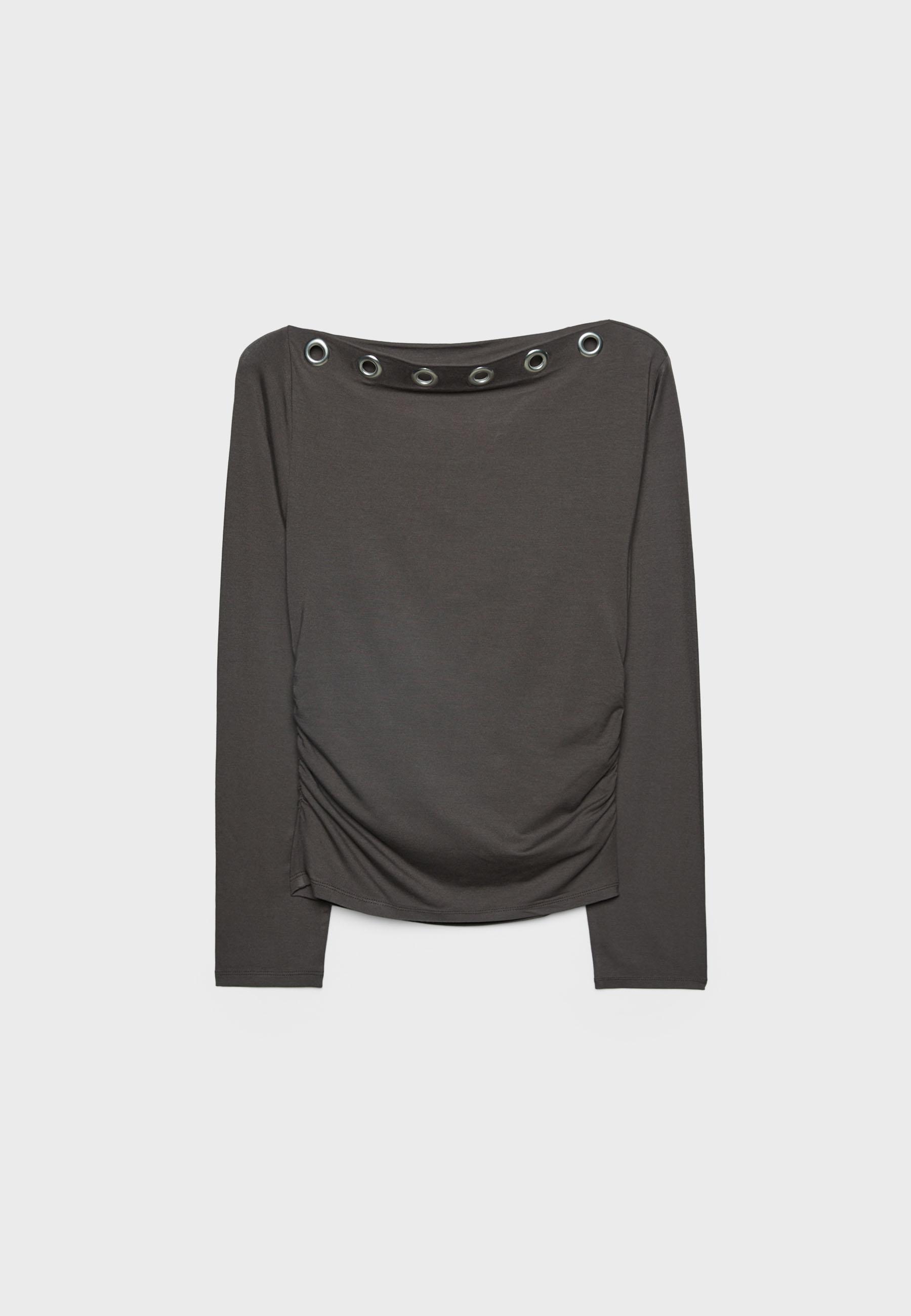 Asymmetric T-shirt with eyelets — Brown