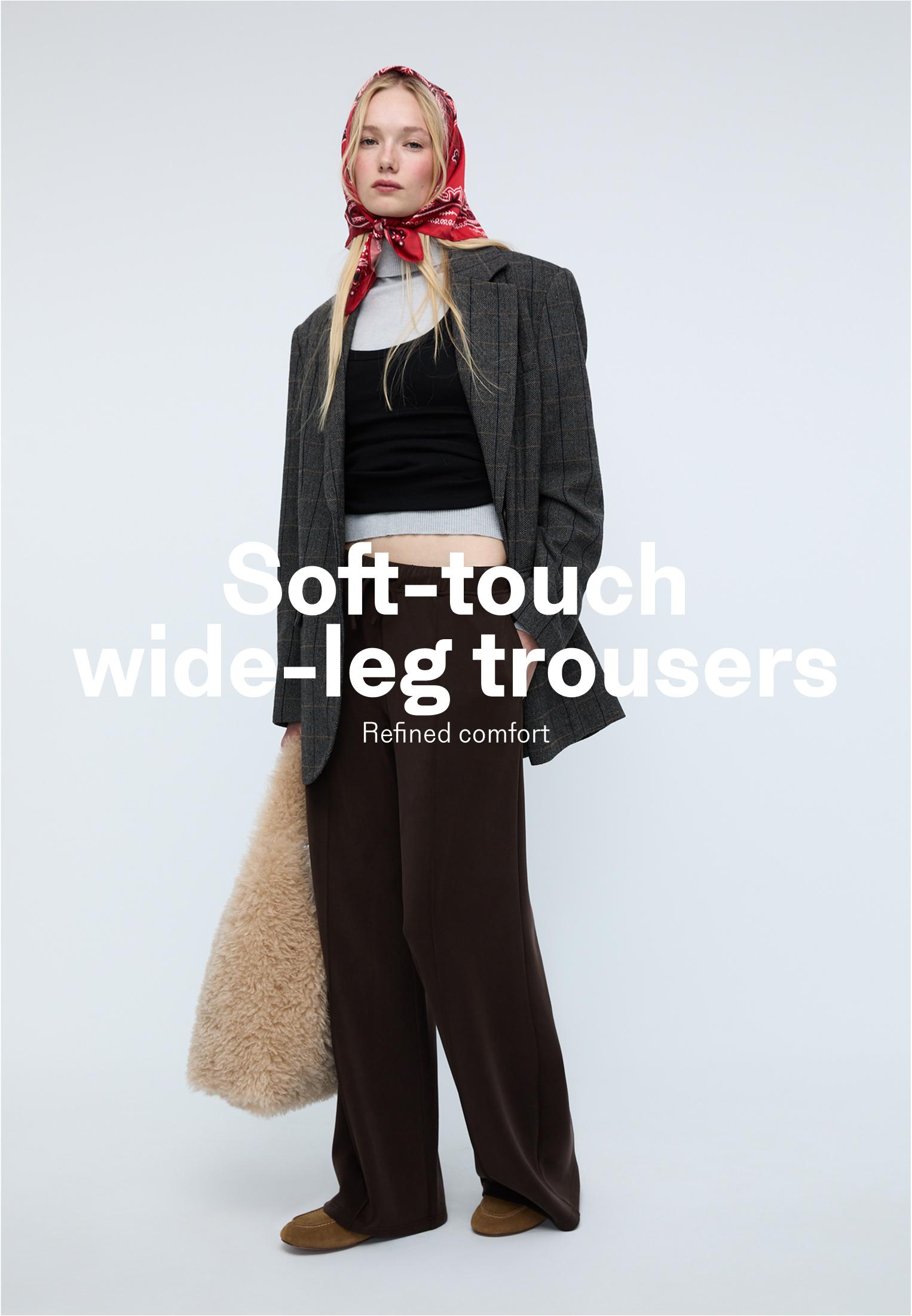Soft-touch wide-leg pin-tuck joggers — Brown