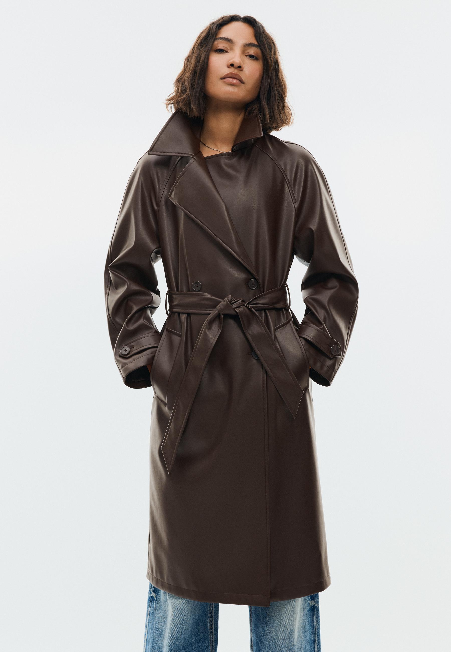 Long faux leather trench coat — Brown