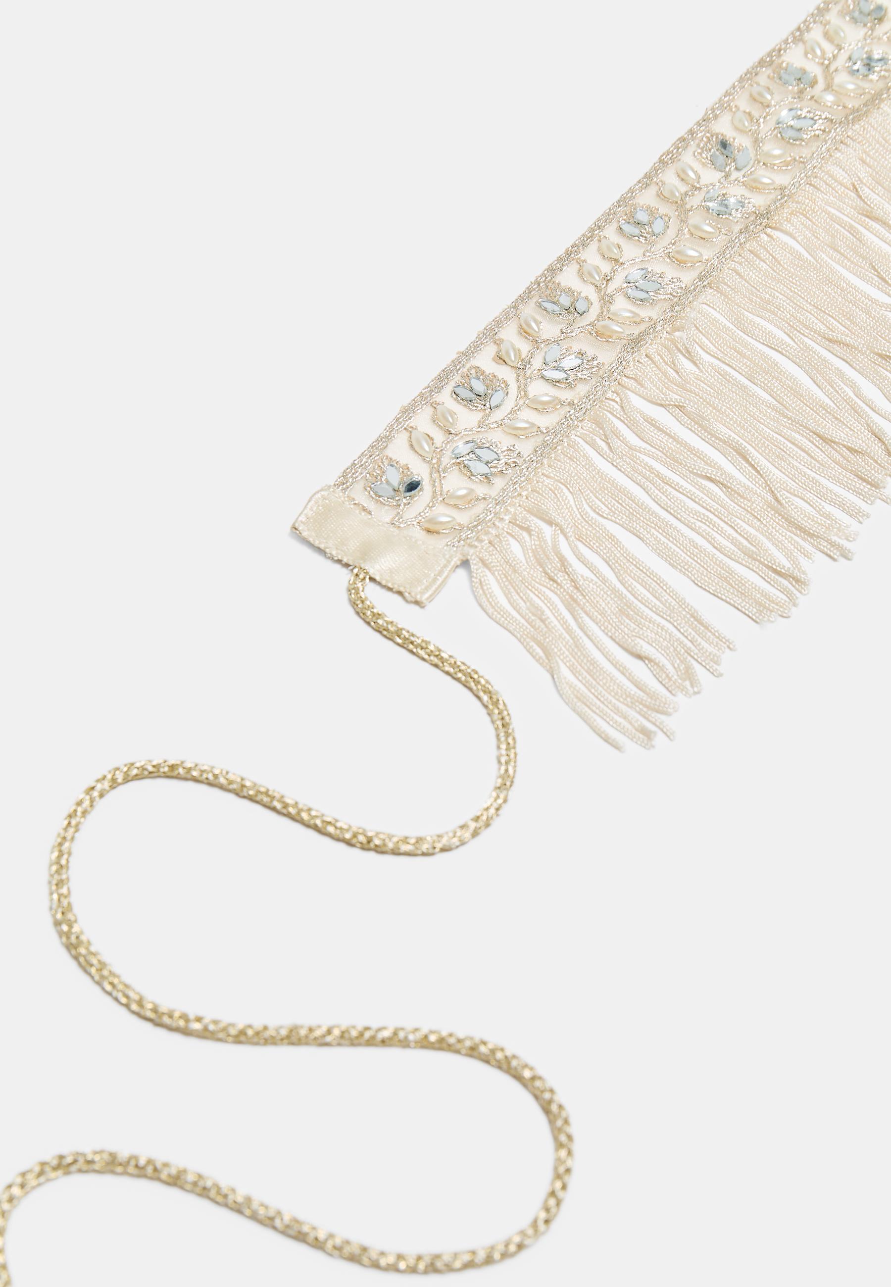 Faux pearl and fringe belt — Ecru