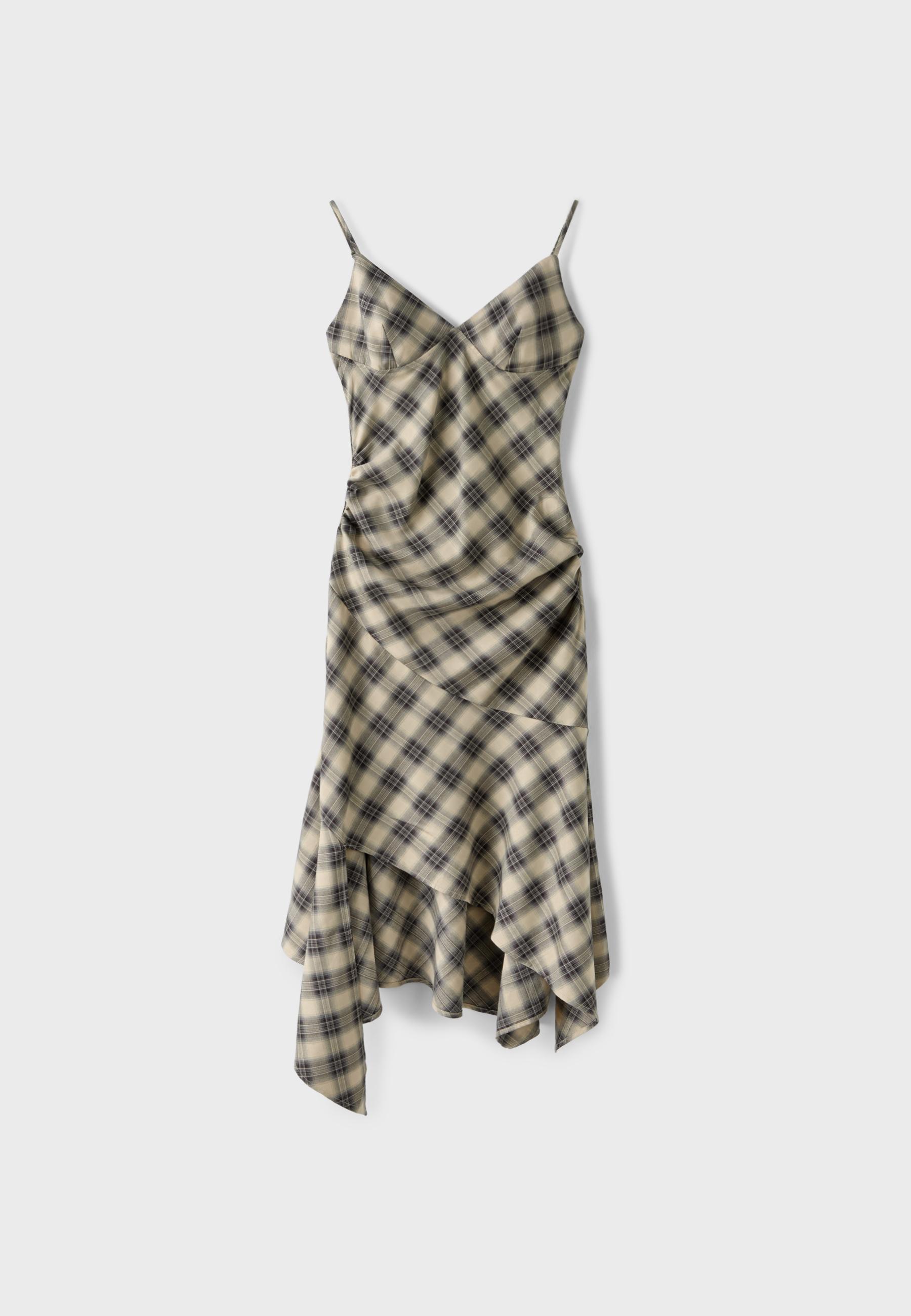 Asymmetric check print midi dress — Beige