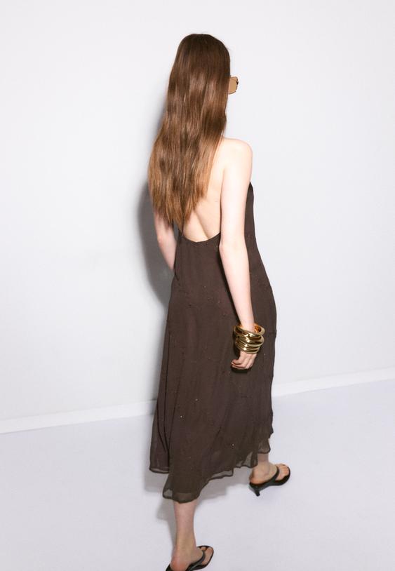 Stradivarius Long Halter Embroidered Dress Brown Xs