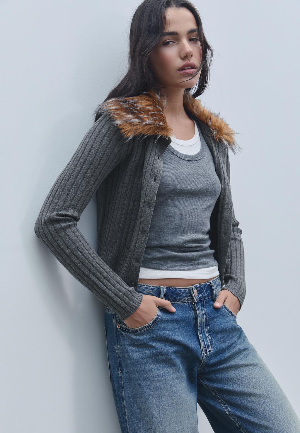 Knit cardigan with faux fur collar