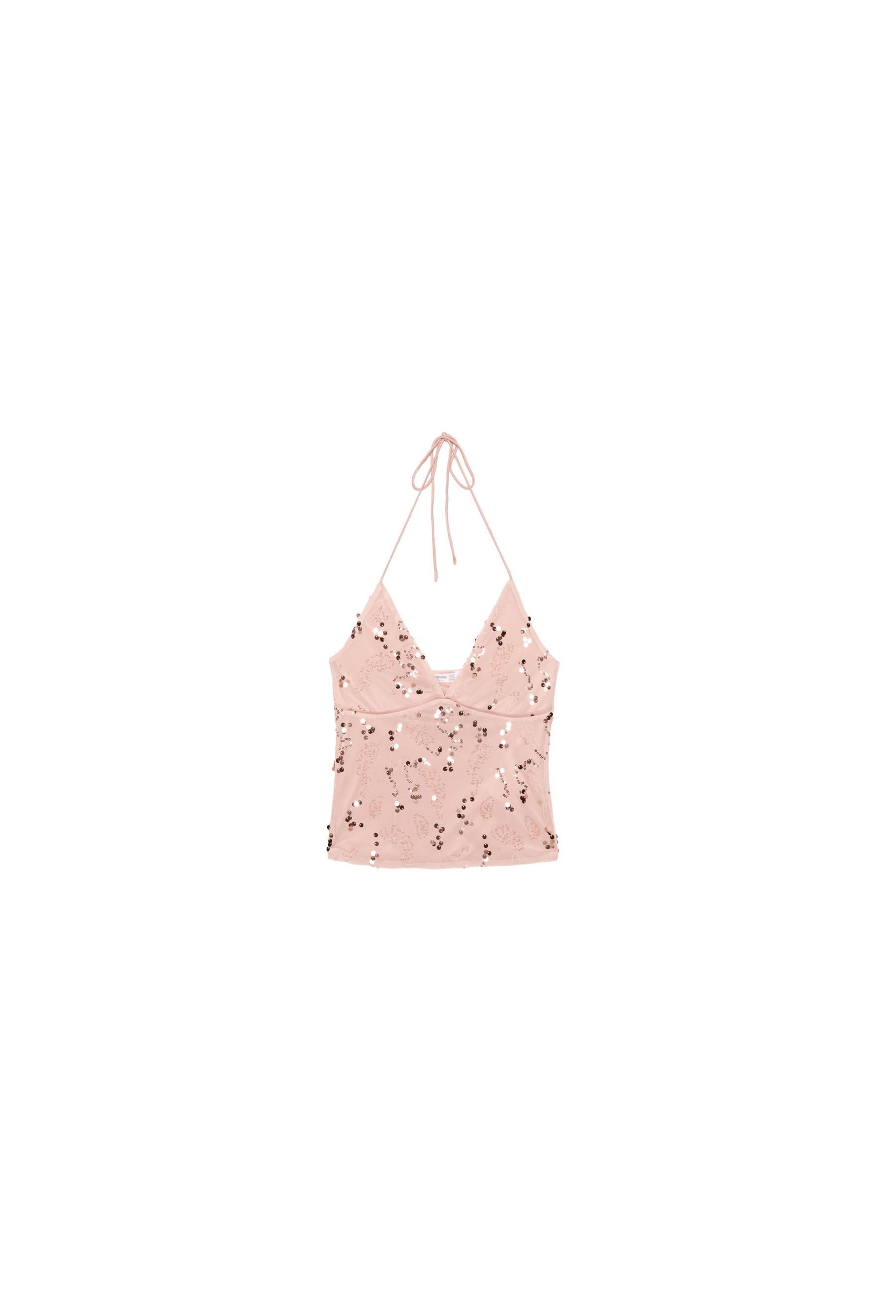 Embroidered sequin halter top — Salmon pink