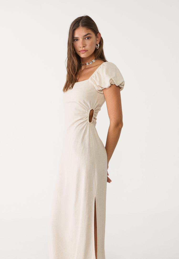 vestido midi manga abullonada con lino