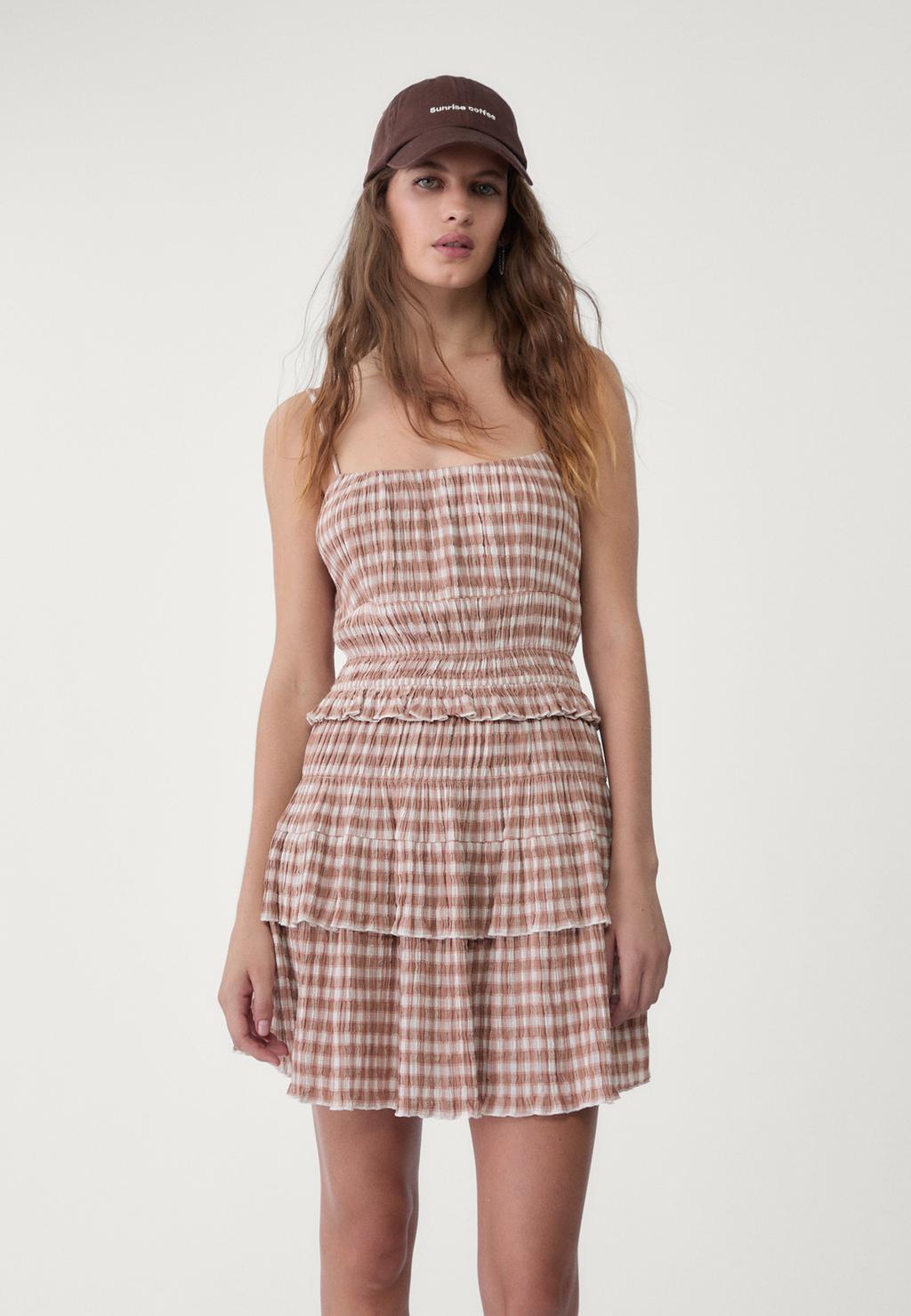 Short gathered check dress