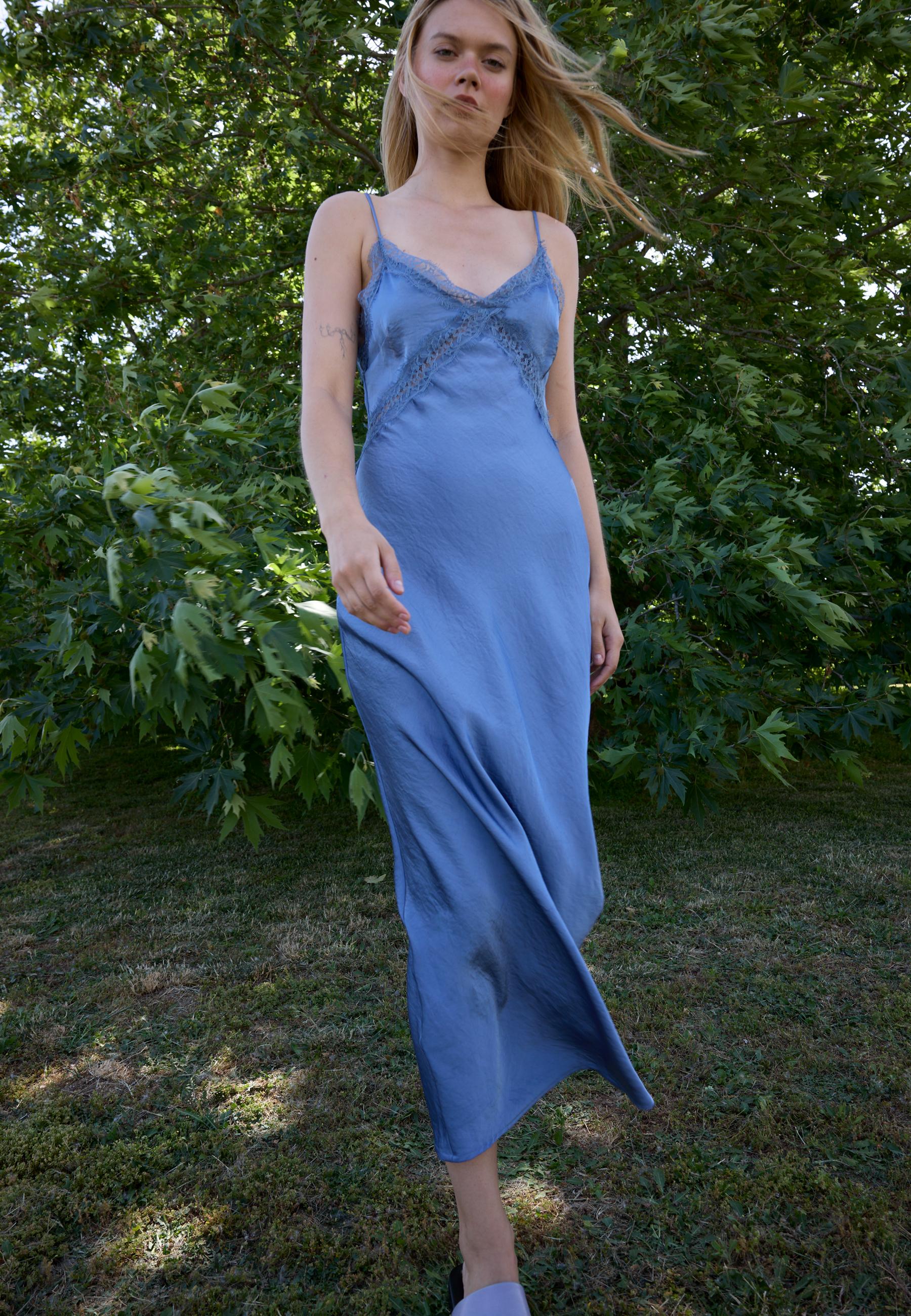 Satin midi dress with lace — Sky blue