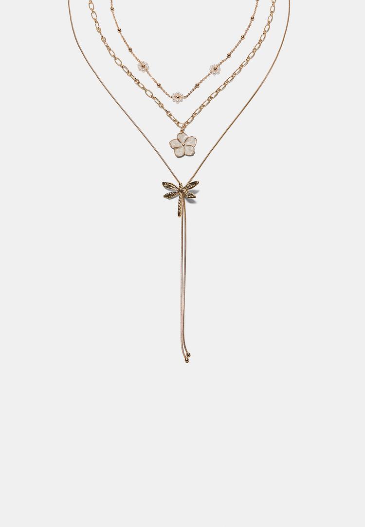 Stradivarius Σετ 3 Κολιέ Με Λουλούδι Και Λιβελούλα Χρυσαφί Os