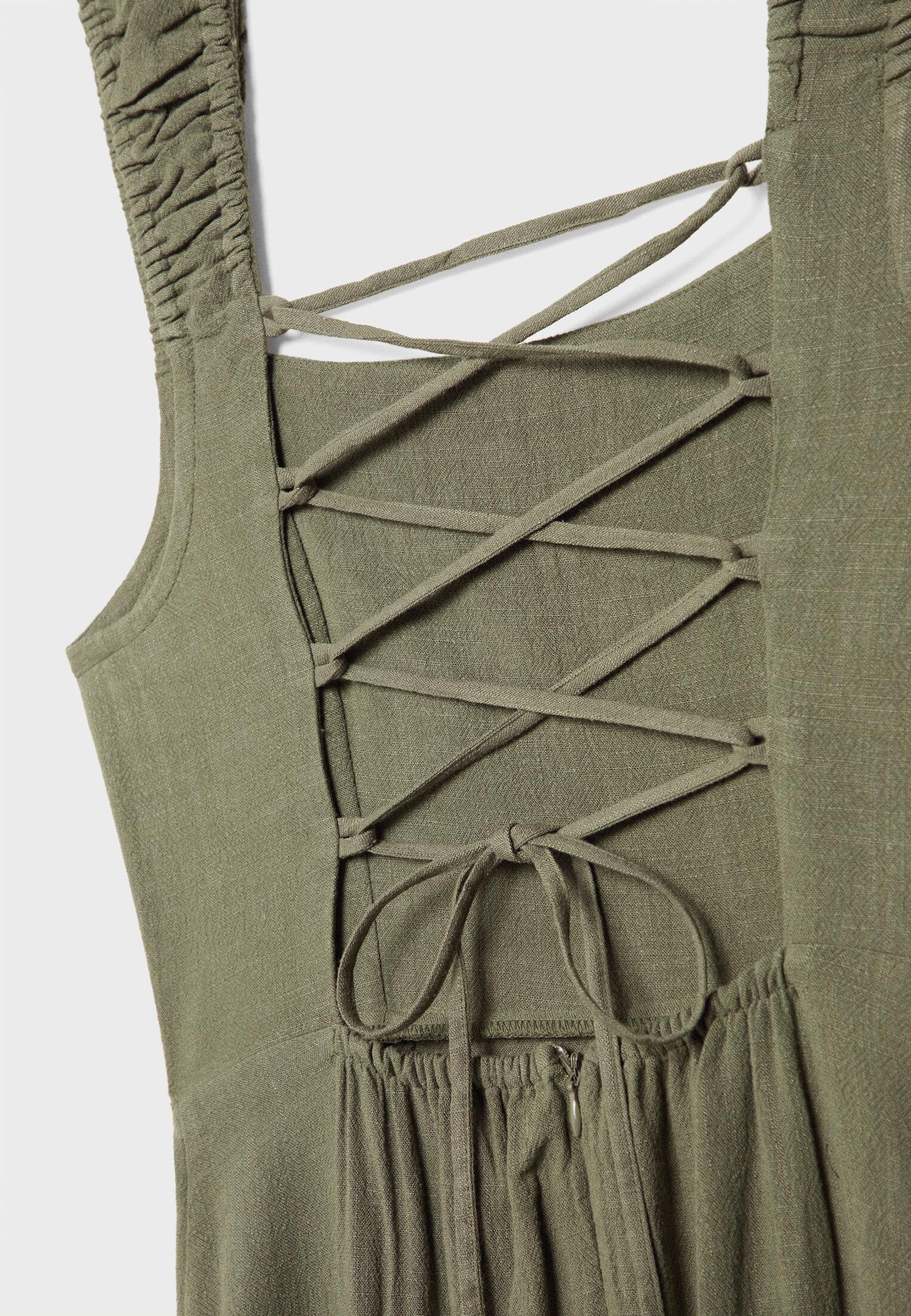 Linen-look cross-back midi dress — Khaki