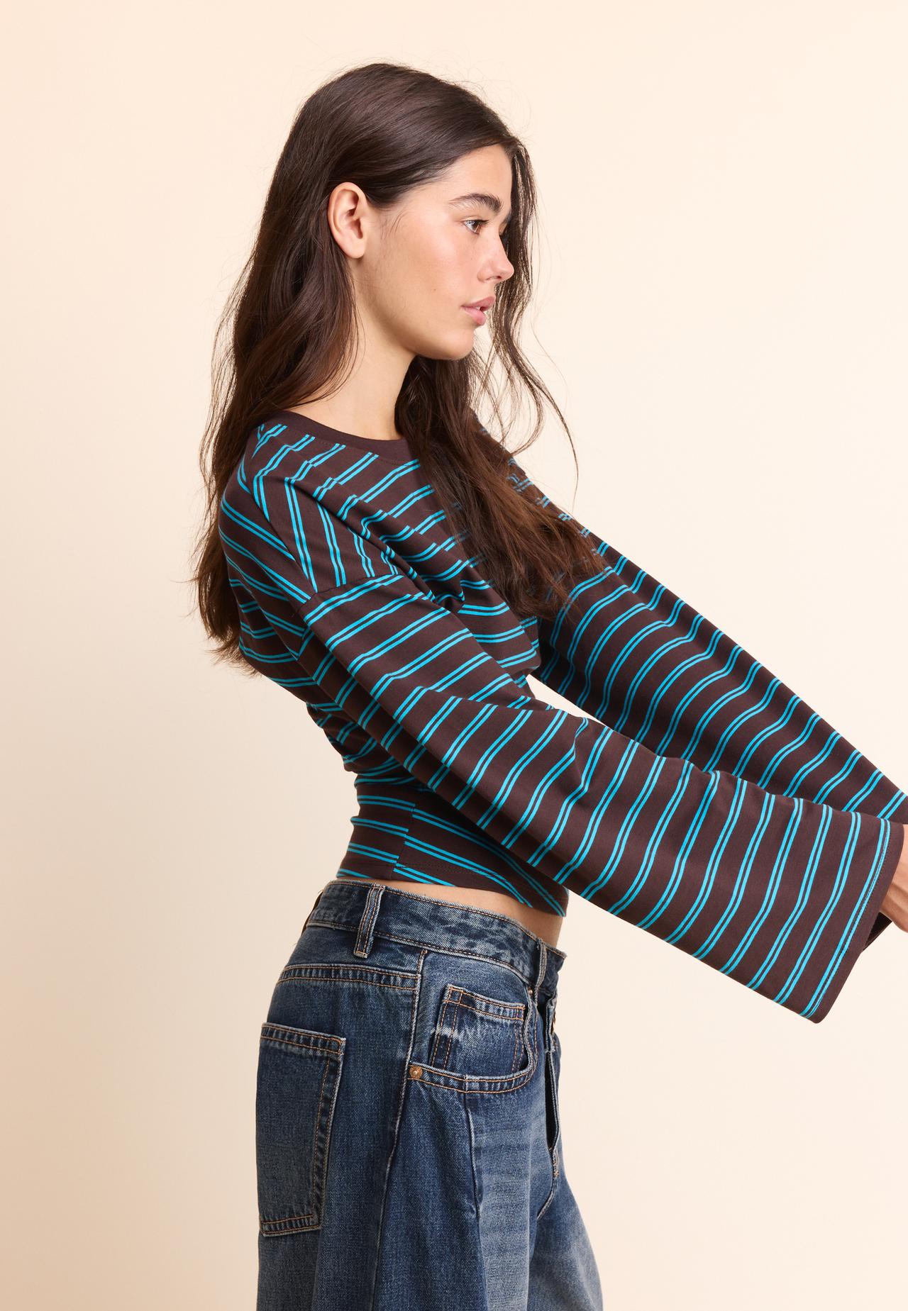 Striped long sleeve Japanese-style top — Brown