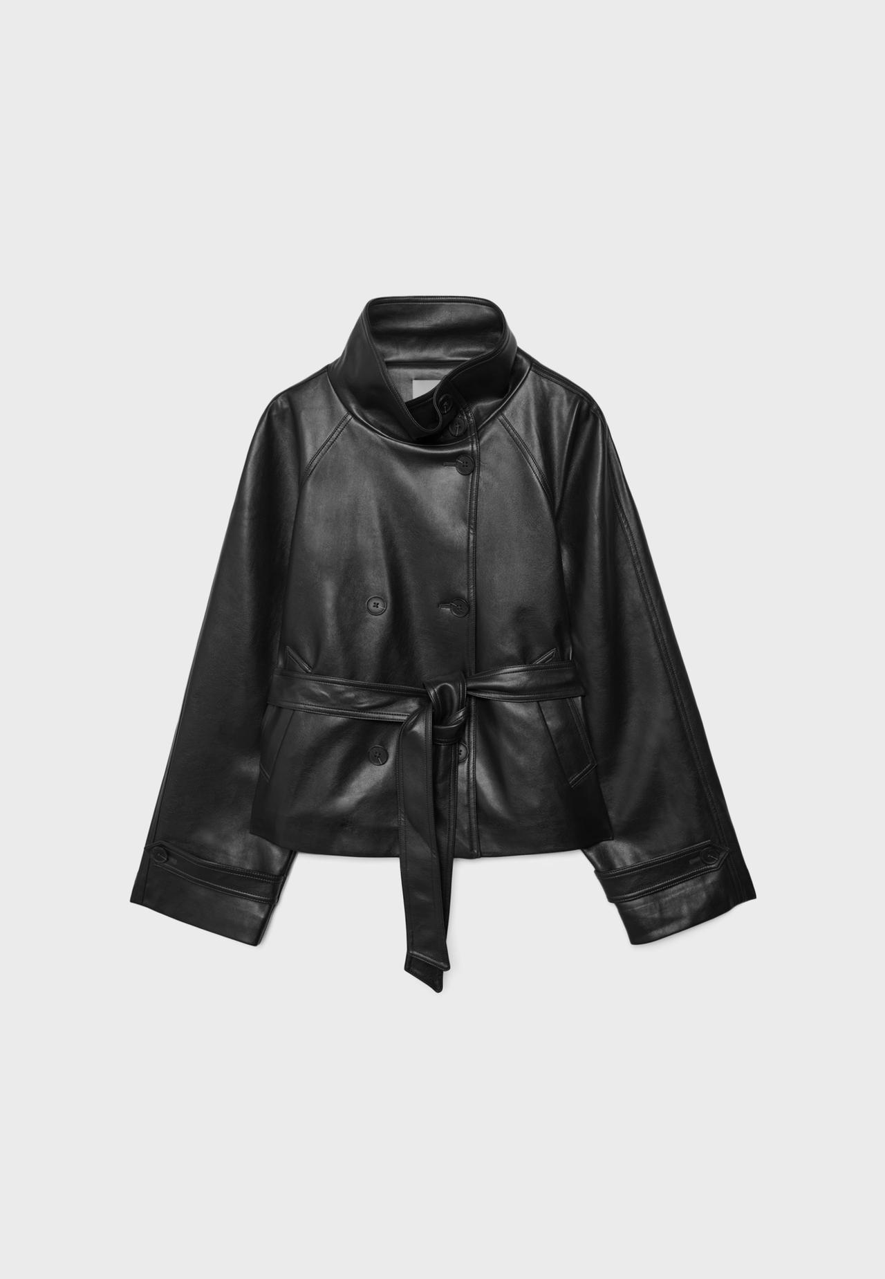 High neck leather effect trench coat — Black