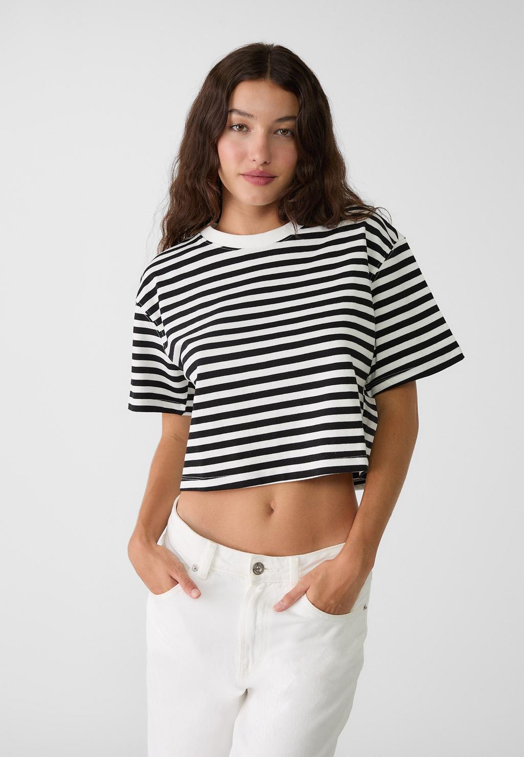 Cropped cotton T-shirt with stripes