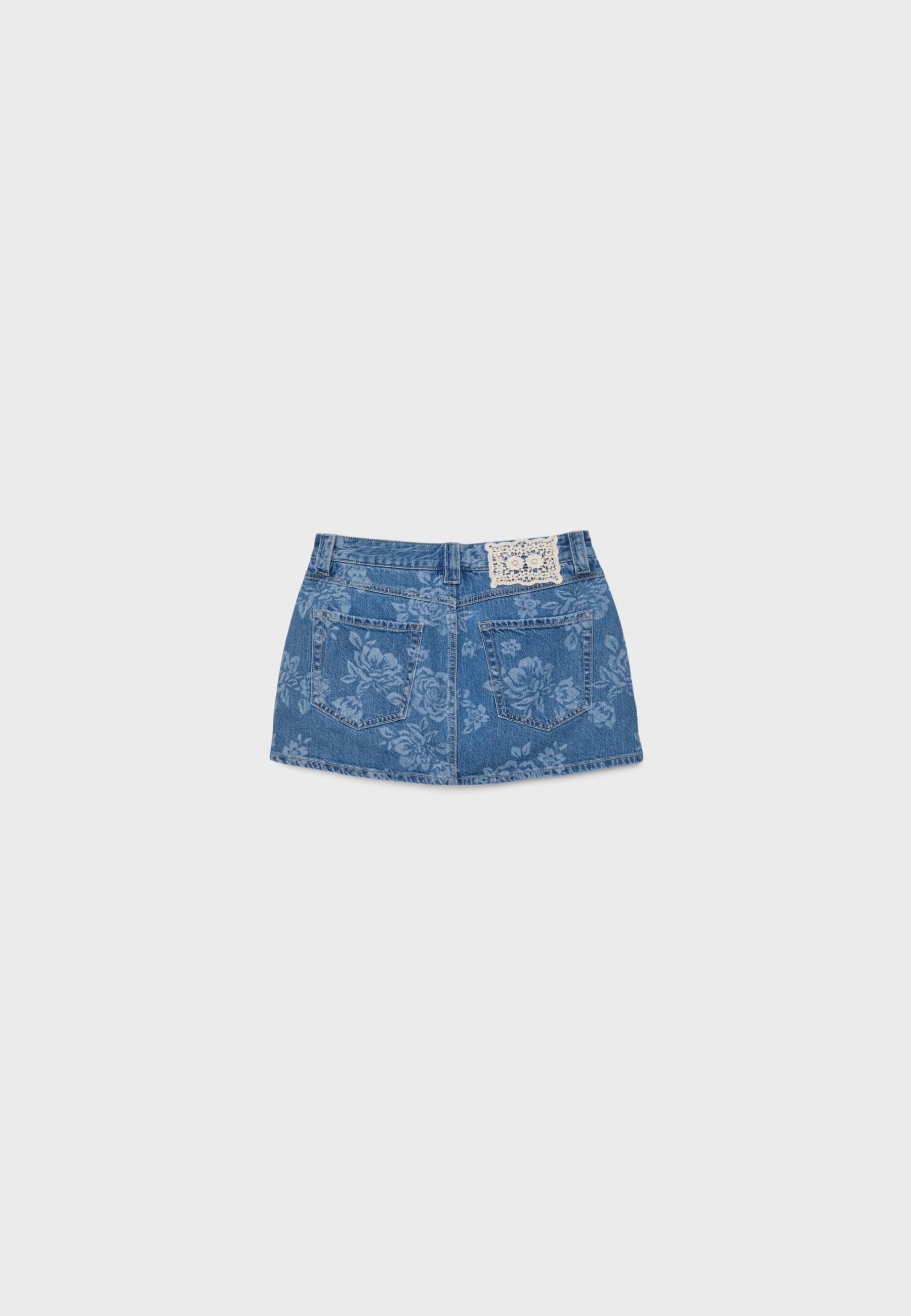 Floral laser print denim skort — MEDIUM BLUE DENIM