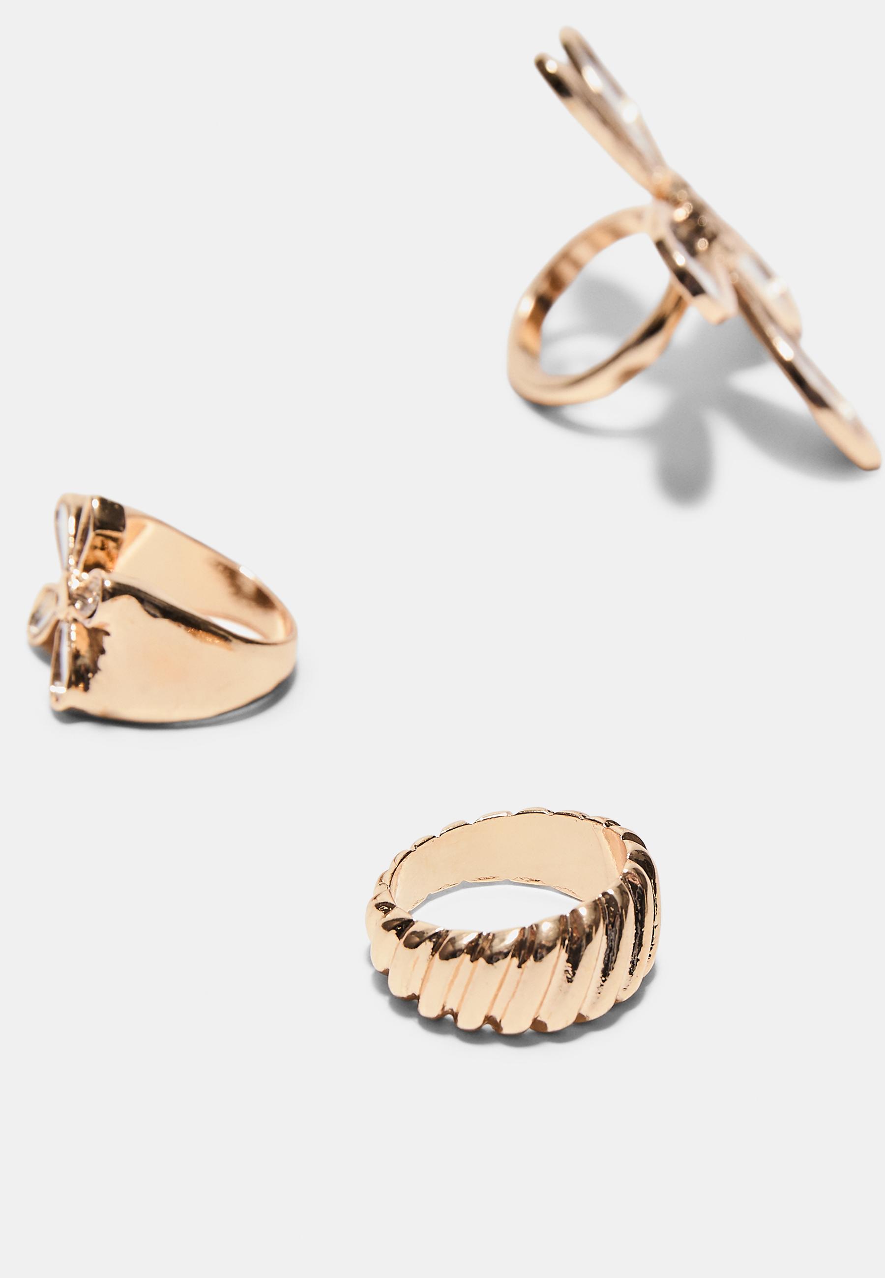 Set of 3 flower rings with a crystal effect — Gold