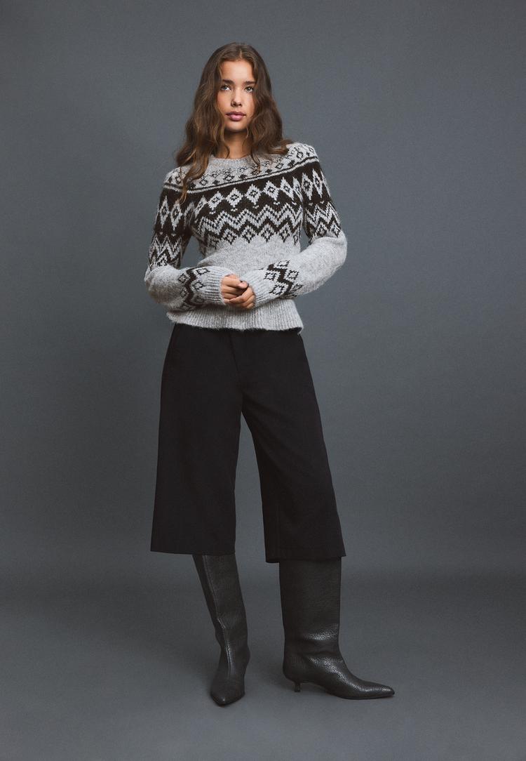 Stradivarius Pulover Peplum Žakar Siva Melirana Xl