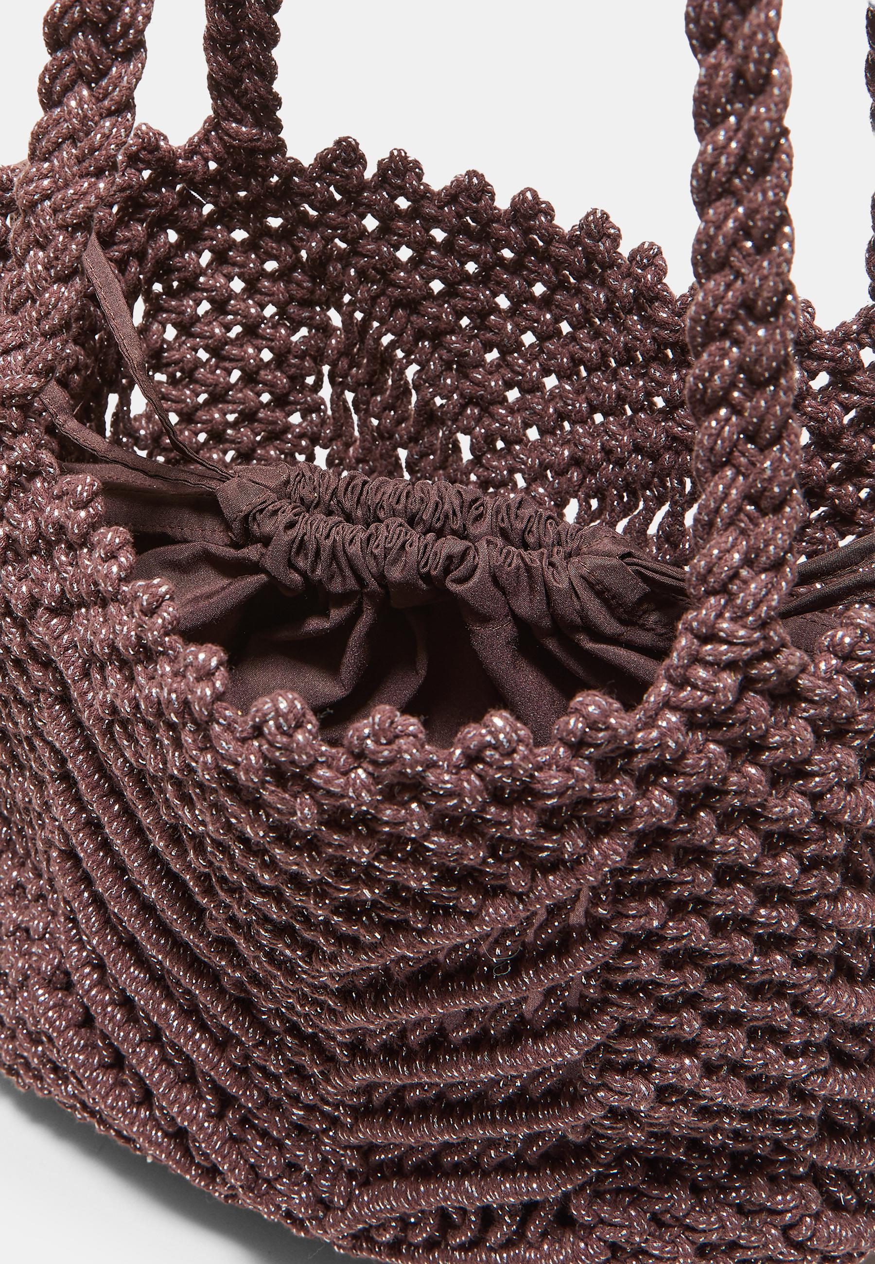 Metallic thread crochet shopper bag — Brown