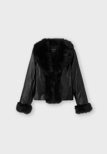 Fitted leather effect jacket with faux fur collar — Black 7