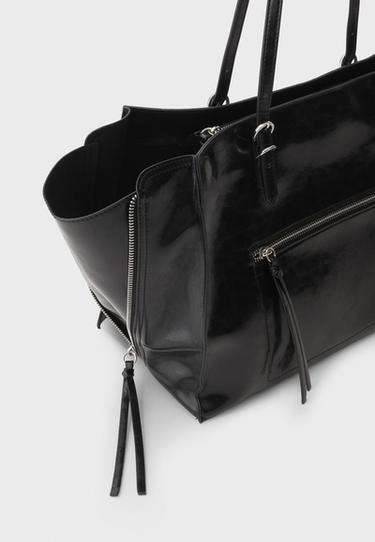 Leather effect shopper bag with zips — Black 5