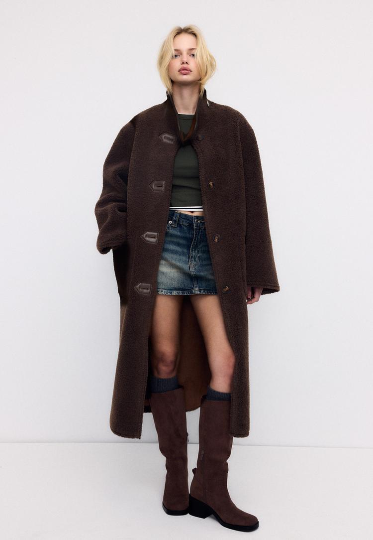 Stradivarius Μακρύ Παλτό Ντουμπλ Φας Αναστρέψιμο Καφέ Xs