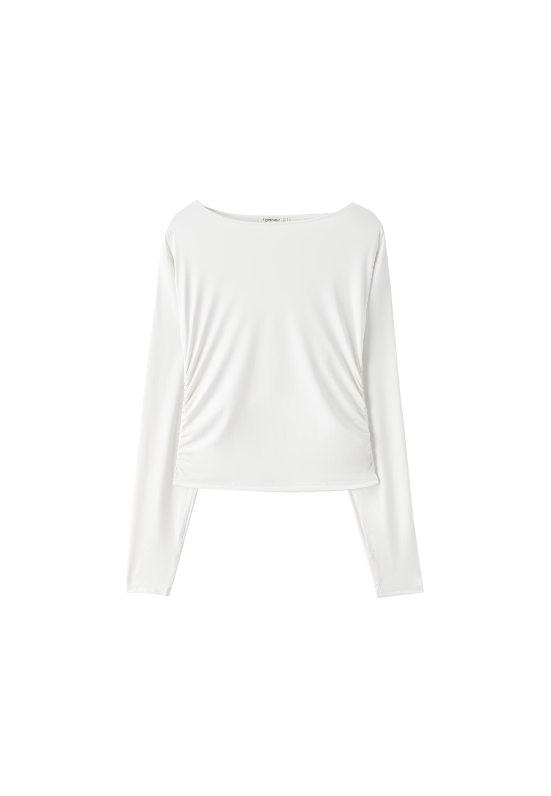 Long sleeve gathered polyamide T-shirt — Ecru