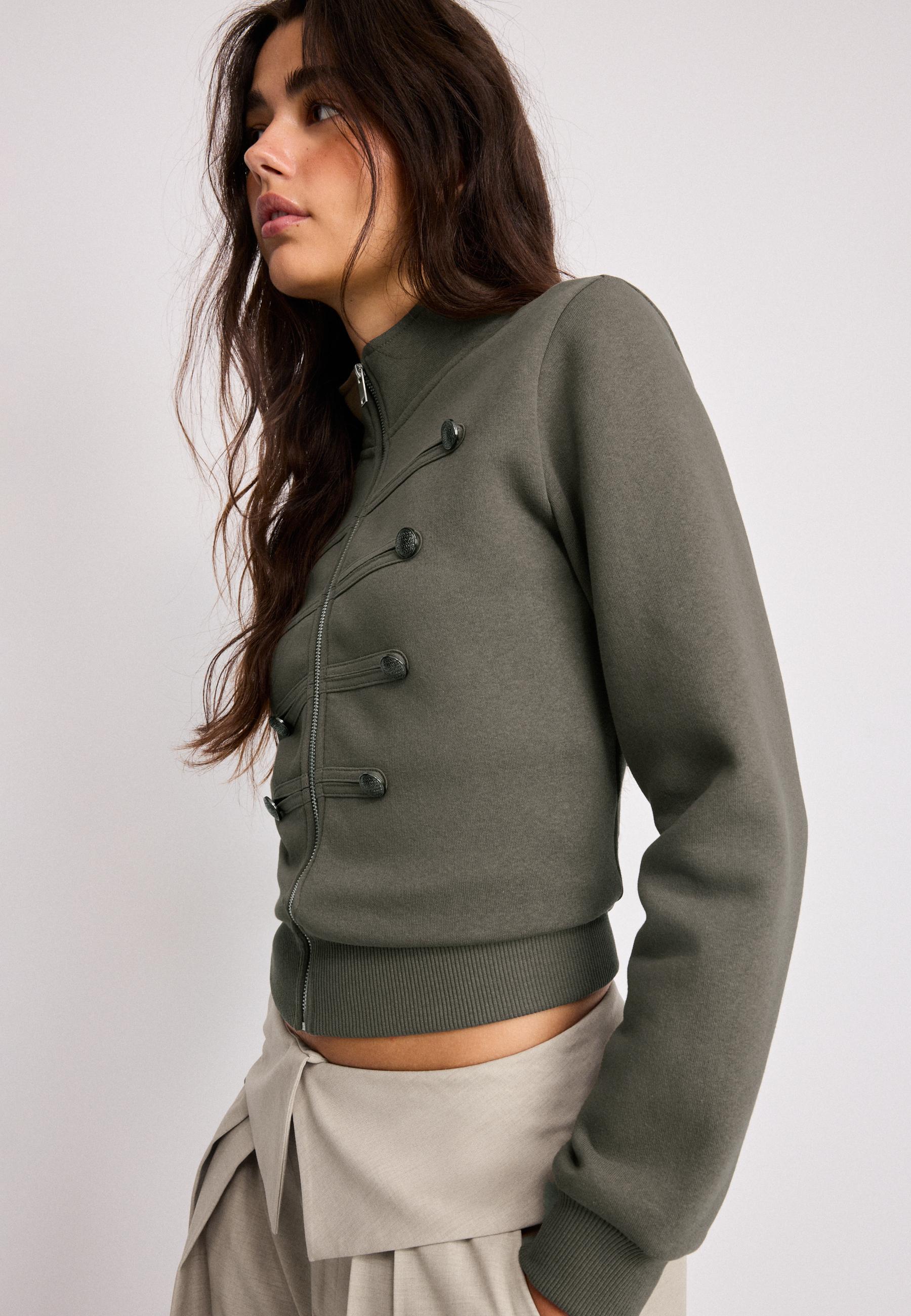Metal Button Zip-Up Sweatshirt — Khaki