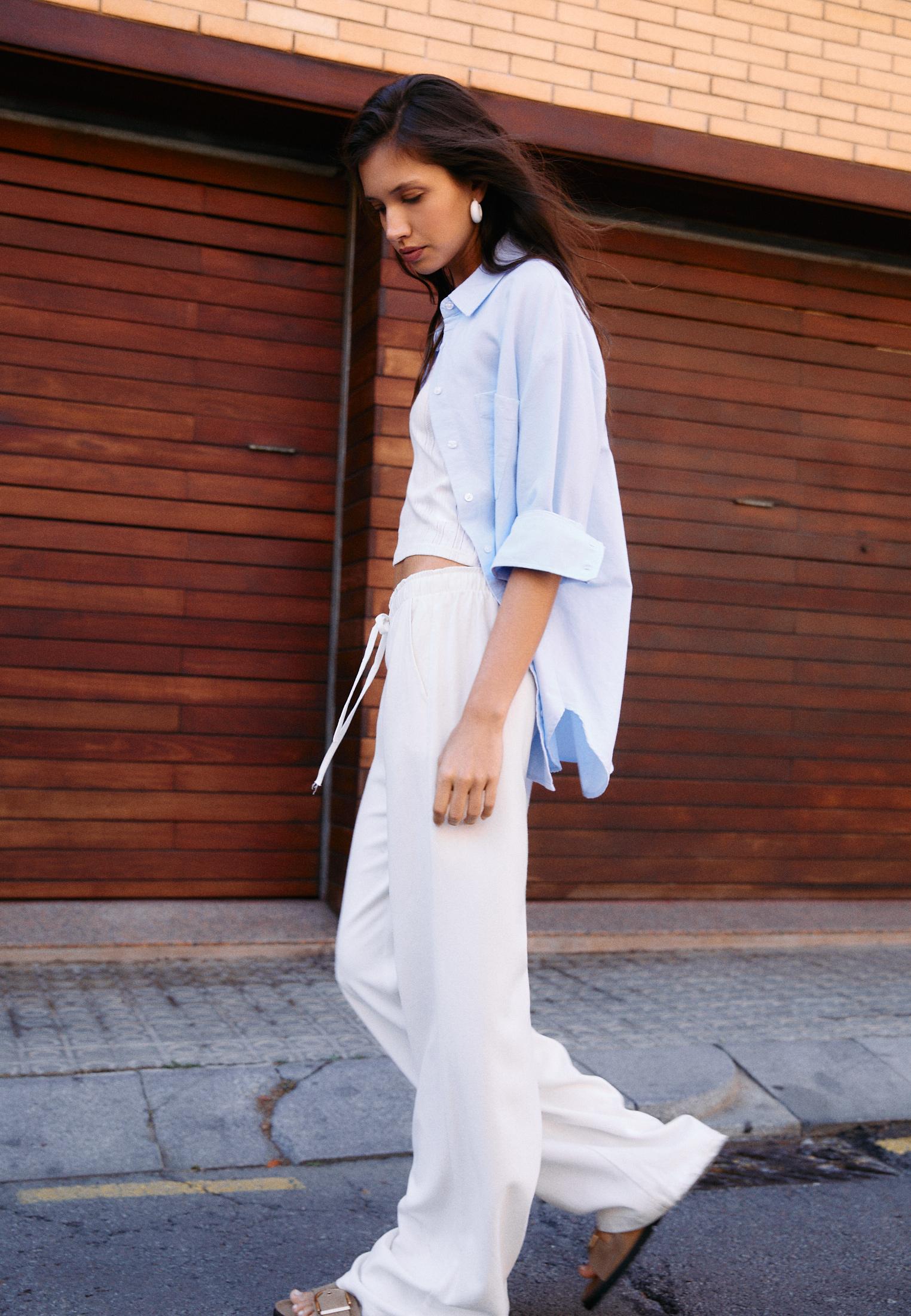 Straight-leg linen-look trousers — Ecru