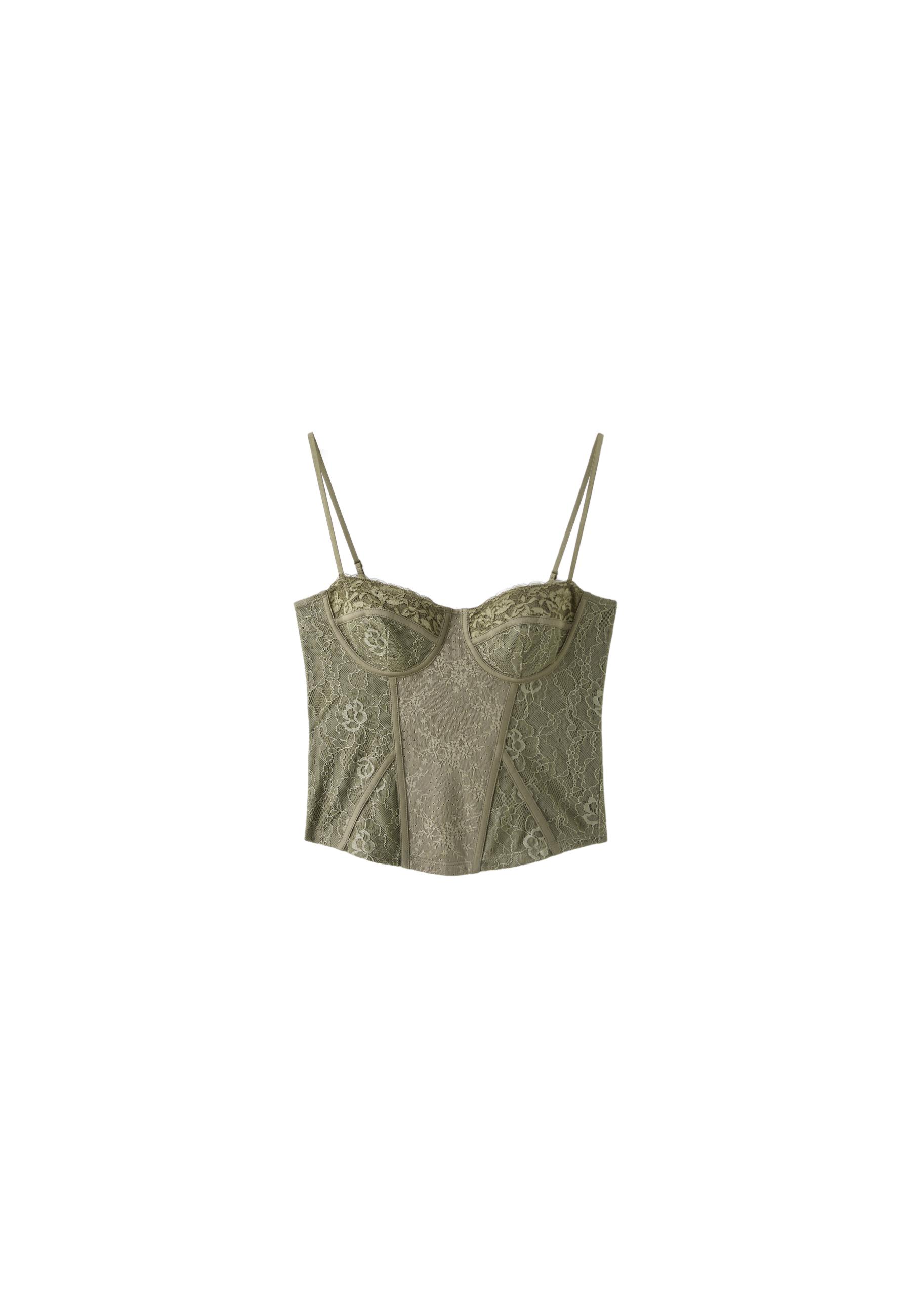 Lace corsetry-inspired top — Khaki